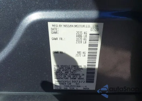 2020 Nissan Leaf Sv 40 Kwh z USA, uszkodzony, nr VIN 1N4AZ1CP1LC307372